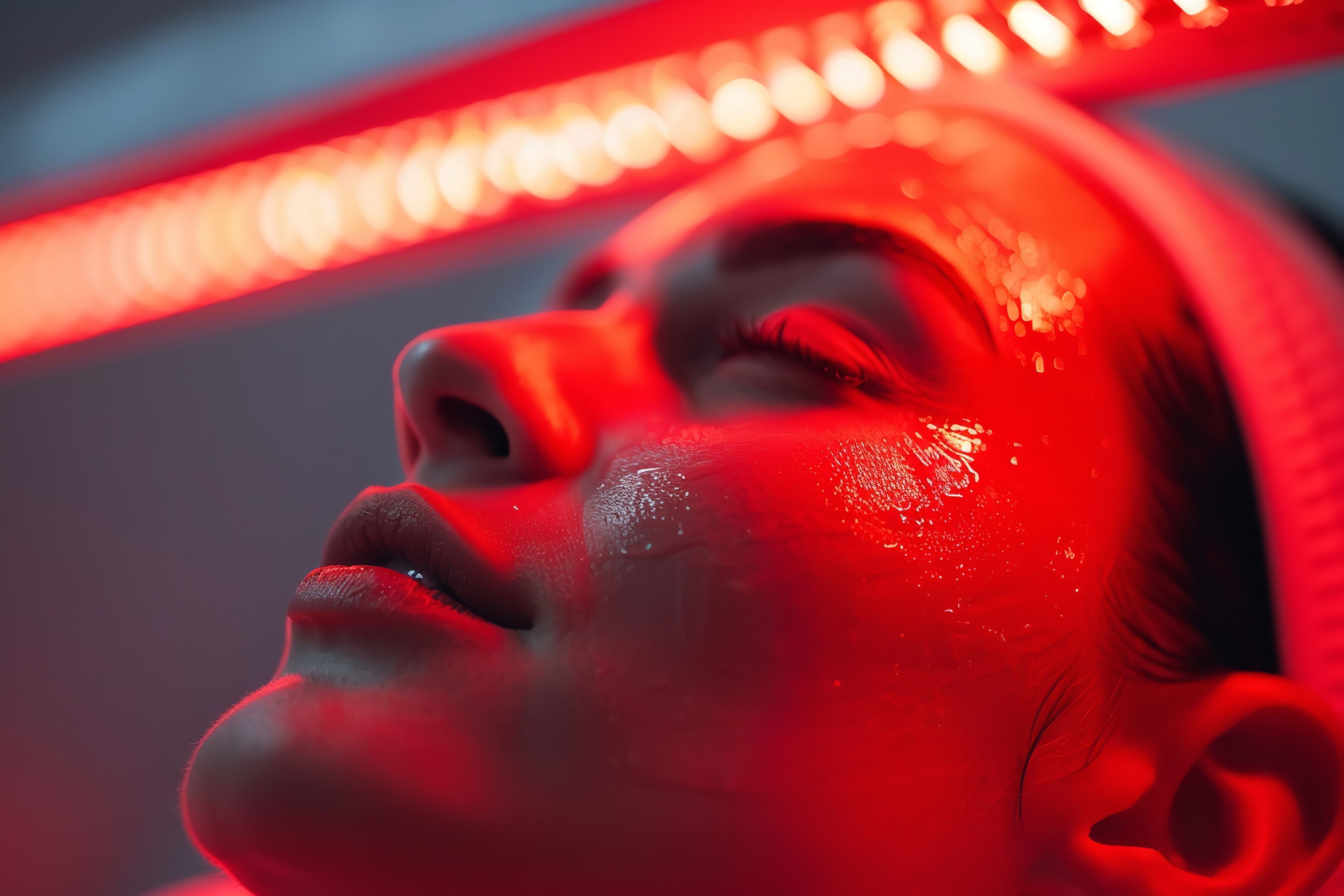 A person with a headband relaxes with eyes closed under red LED therapy lights, face glistening, conveying calmness and futuristic spa atmosphere.